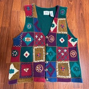 Vintage Ivy Sweater Vest Women’s Size Medium Knit Embroidered Colorful Cottage